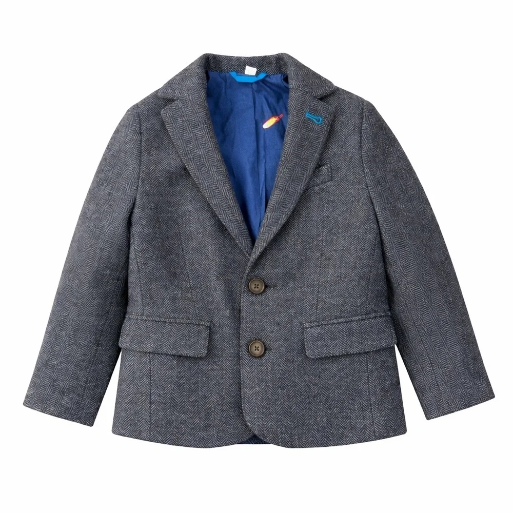 Boden Boys Gray Herringbone Blazer Jacket Blue Lined Size 4 5  school pictures